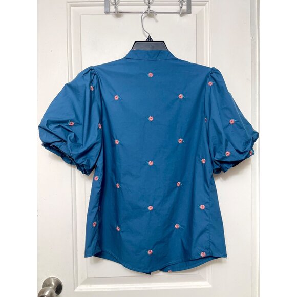 Mare Mare by Antropologie Puff-Sleeve Embroidered Blouse in Blue Size S - Picture 5 of 12